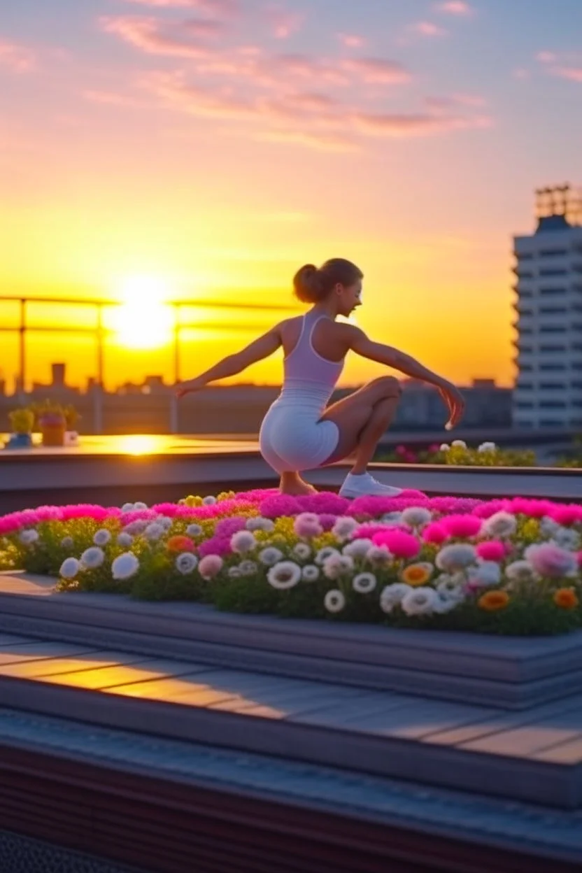 woman doing yoga on the roof of a buss with flowers, 4k, downlight, soft light, depth of field, photorealism