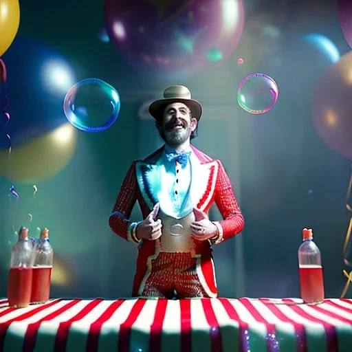 Ultra realistic circus scene. Stronger circus man, waist up view, Wes Anderson style, happy, bubbles, party, confeti, highly detailed, concept art, unreal engine 5, god rays, ray tracing, RTX, lumen lighting, ultra detail, volumetric lighting, 3d, finely drawn, high definition, high resolution.