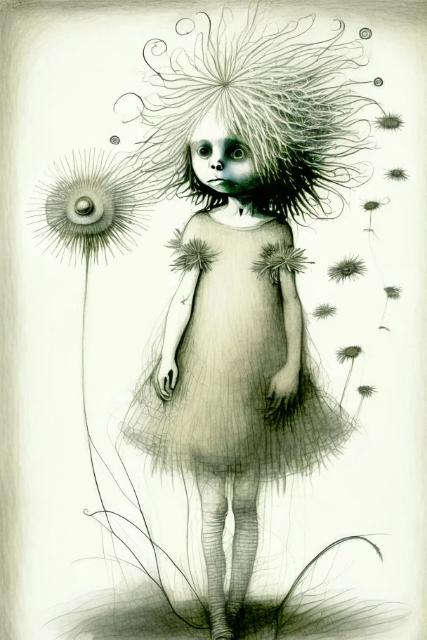 pencil and charcoal sketch of a cute happy little dandelion fairy girl, Mucha inspired emotional nature ephemeral sculptures of Andy Goldsworthy, tiny human form, essence captured as if created by surrealist photographer Noel S Osvald rendered in bright ombre colors, mixed with influences by John Bauer and Tim Burton, faded dark grey background, minimalistic art, with details that reflect advanced rendering techniques that push the drawing's realism even further Modifiers: trending on Artstation