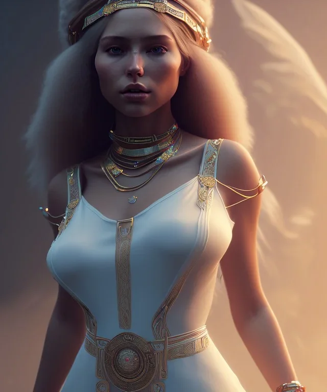 Gipsy, beautiful, curvy body, white fabric dress, beautiful long hair, bandana covering head, long earings, head and shoulders portrait, holding tarot card, 8k resolution concept art portrait by Greg Rutkowski, Unreal Engine 5 volumetric lighting