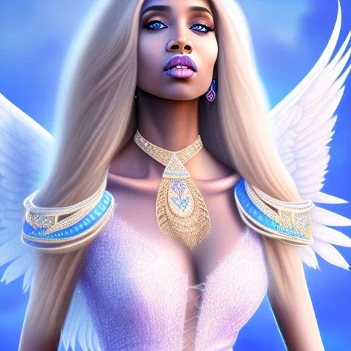 portrait of a beautiful somalian woman with an angel face smiling,long blond hair, blue eyes, pink and blue dress, jewels, soft light aura