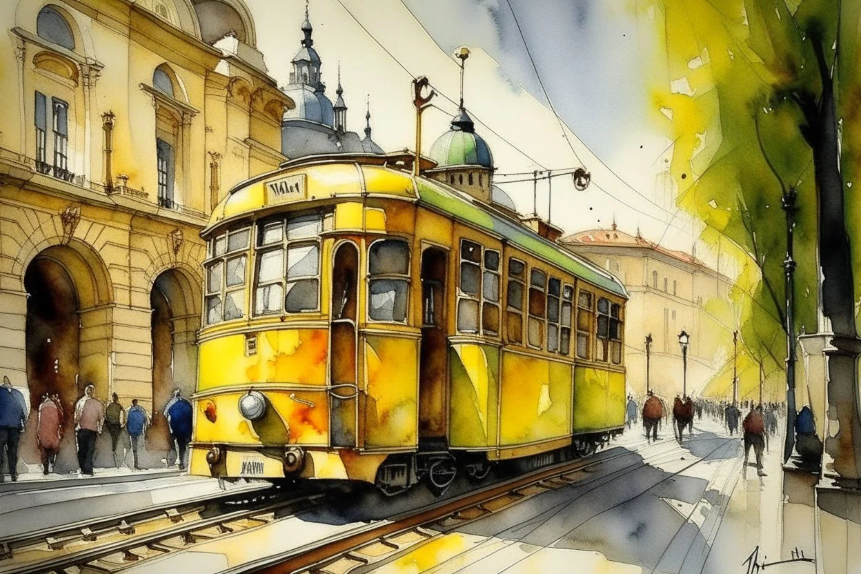 yellow tram in Budapest, style Alvaro Castagnet, Anton Pieck highly detailed elegant very attractive beautiful dynamic lighting watercolor aquarelle Thomas Wells Schaller