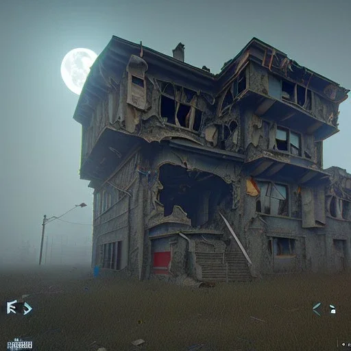 hideout, run down, graffiti, vandalized, day time, destroyed buildings , unity, scriptable render pipeline , lighting , volumetric , global illumination, moon skybox , foggy .