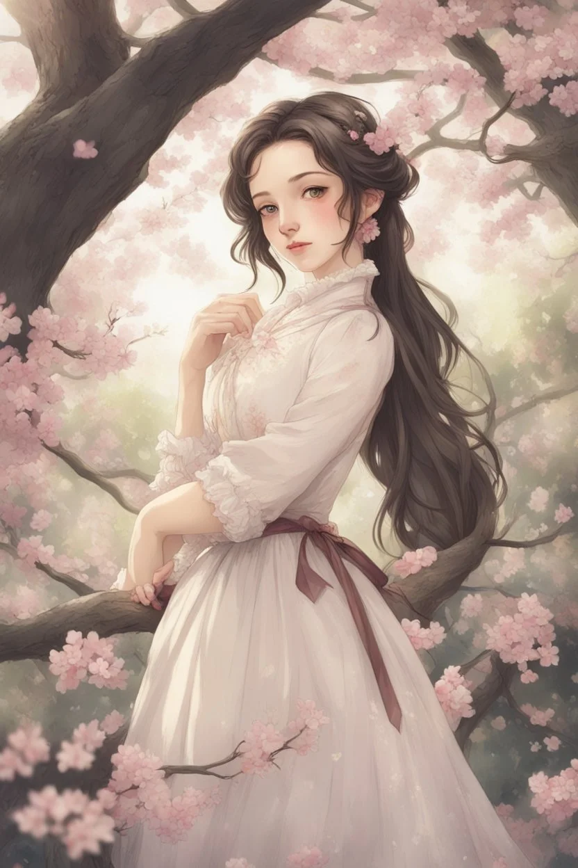 Beautiful Girl in the garden, 18 century, brunette, literally dark hair, dark eyes, fat, smell of sakura, rest, detailed face, england, she is staying under the tree