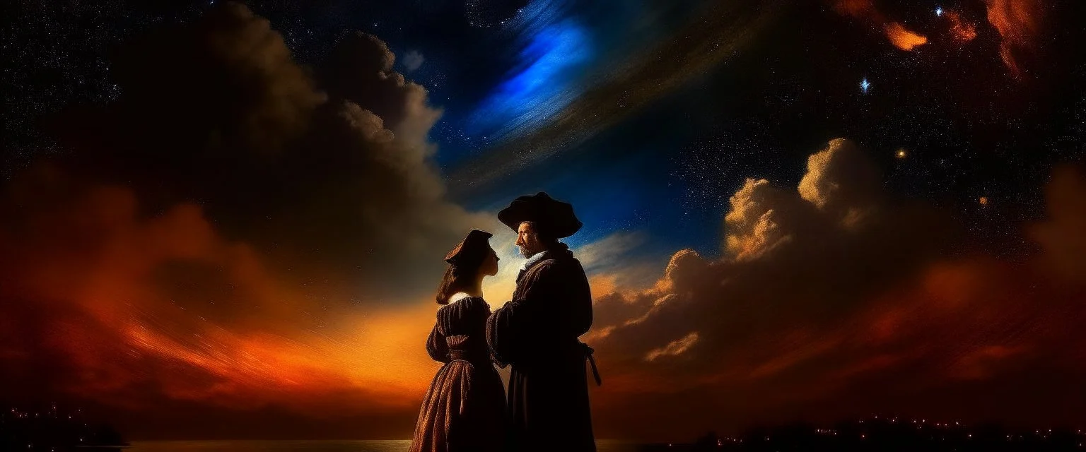 romantic night sky, rembrandt style