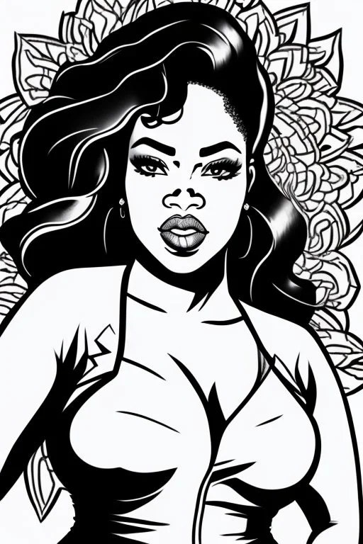 black curvy woman wearing jeans, eyes front camera coloring page, black and white