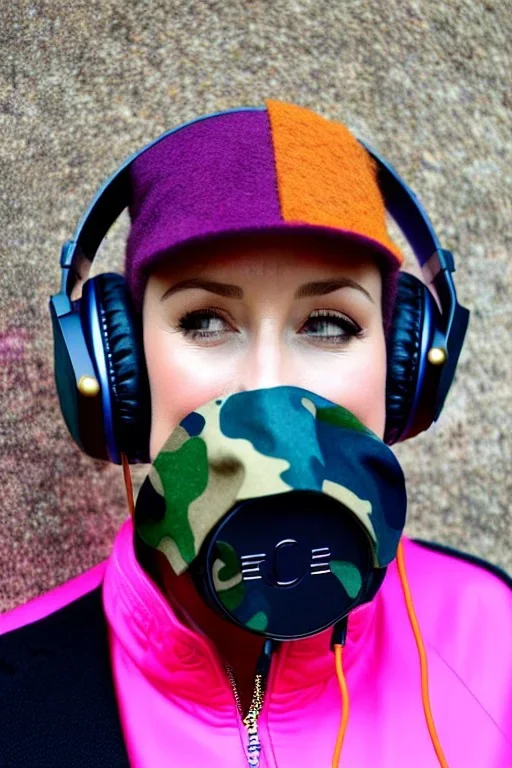 Fresh woman, no make-up, plum-blue-magenta-camouflage jacket. Old-fashioned things like CD's, microphone integrated to mask! Felt cloth visor with tippet. Orange cables, Golden rings, black old AKG headphones. jacket materials are denim and felt cloth mixed. Fashion 1990's. Venue is a tiny old Carelian farm with Chicken and cockatoo, Natural Light. Possible clothes colours: Cream white, zinc plate, red ochre, ochre. Thick tights. Thick calves. wide hip