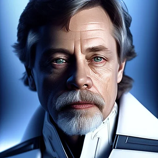 extremely detailed 8k hyperspace wallpaper,complete and photo realistic detailed head to waist stunning photo realistic portrait of mark hamill as luke skywalker in star wars with short lenght, Symmetrical, soft, fine, warm, photo realistic hair, blue eyes, professional majestic photo realistic painting by Ed Blinkey, Atey Ghailan, by Jeremy Mann, Greg Manchess, Antonio Moro, trending on ArtStation, Intricate, High Detail, Sharp focus,dramatic, by greg rutkowski,harsh and rough face, jedi outfit