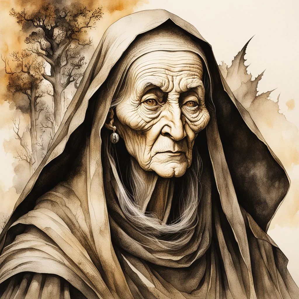 a Dutch Renaissance era ink wash and watercolor illustration of a wizened and aged sorceress , highly detailed facial features, in the style of Pieter Brueghel the Elder , Hieronymus Bosch, and Gerald Scarfe aged canvas, craquelure finish, archaic masterpiece, 4k