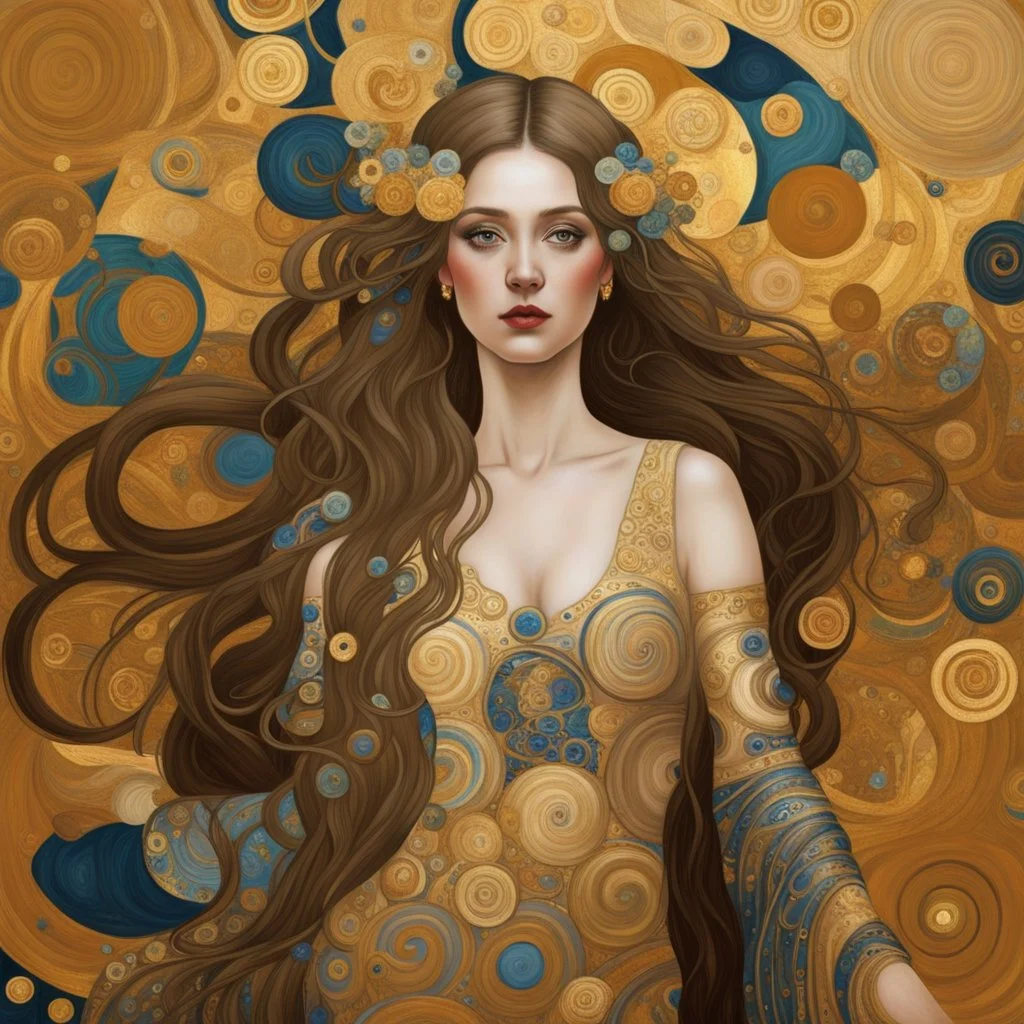 🔥 PROMPT: A stunning painting in the style of Gustav Klimt depicting a woman with long hair in a full-body portrait. The artwork features golden circles and swirls, a shimmering gold leaf background, and rich, detailed colors. This intricate piece exemplifies the Art Deco movement with its masterful design and vibrant elements.