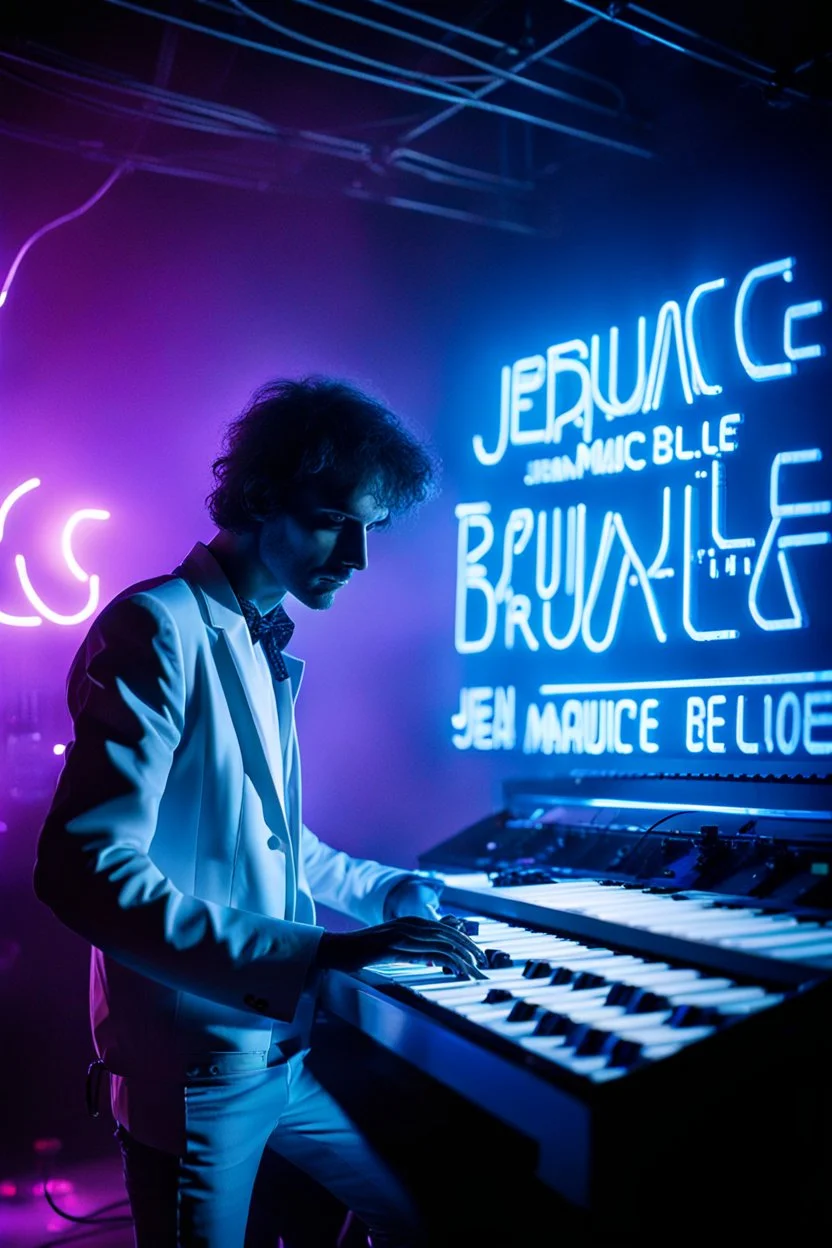 French cool synth player, he is called "Jean-Maurice Brûlée" performing at dance club, his name is "Jean-Maurice Brûlée" , white and blue Neon lights and smog, an earth is projected in background, and "URANIUM" big sign on the wall, he is playing on synthesizers on stage with lot of laser beams and wearing black sunglasses,