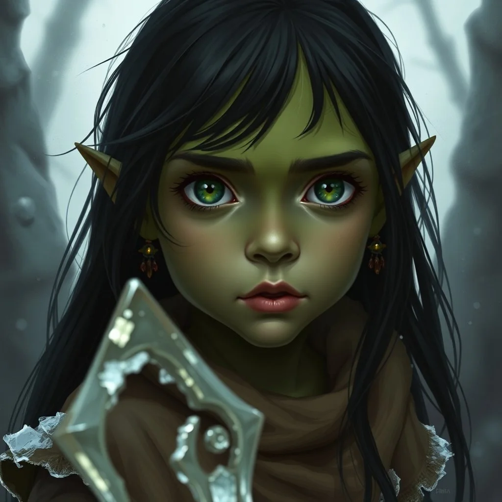 A digital illustration shoot from a portrait camera angle about a portrait of an orc girl with dull green skin. In the middle of the image, an 8 year old orcish child, appears to be looking at the viewer lost in thought. she has long black hair, Fantasy, ice