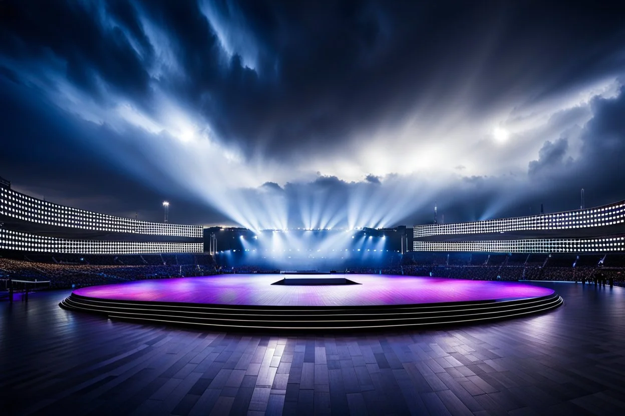 a big open empty disko stage in modern city in a very big square in midnight , at distance,cloudy sky .