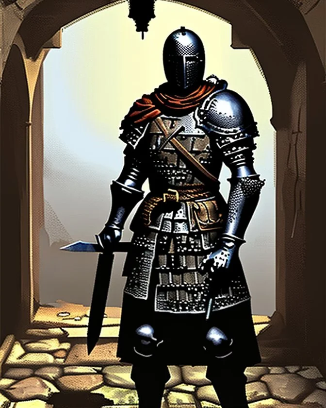 A frightening castle dungeon hallway with an knight warrior in rusty chainmail holding a zweihander painterly rpg art