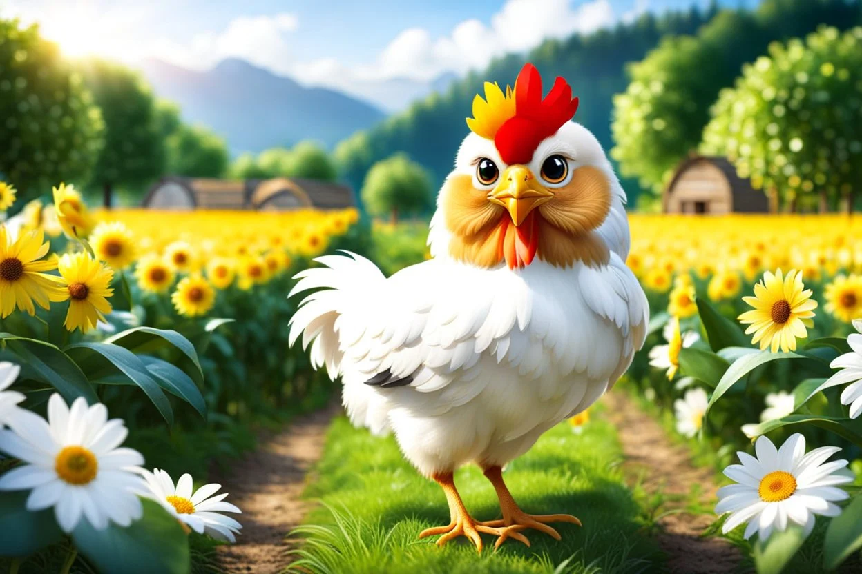 Here is the translation to English: "A beautiful chicken with a cat-like face in a flower and tree farm"