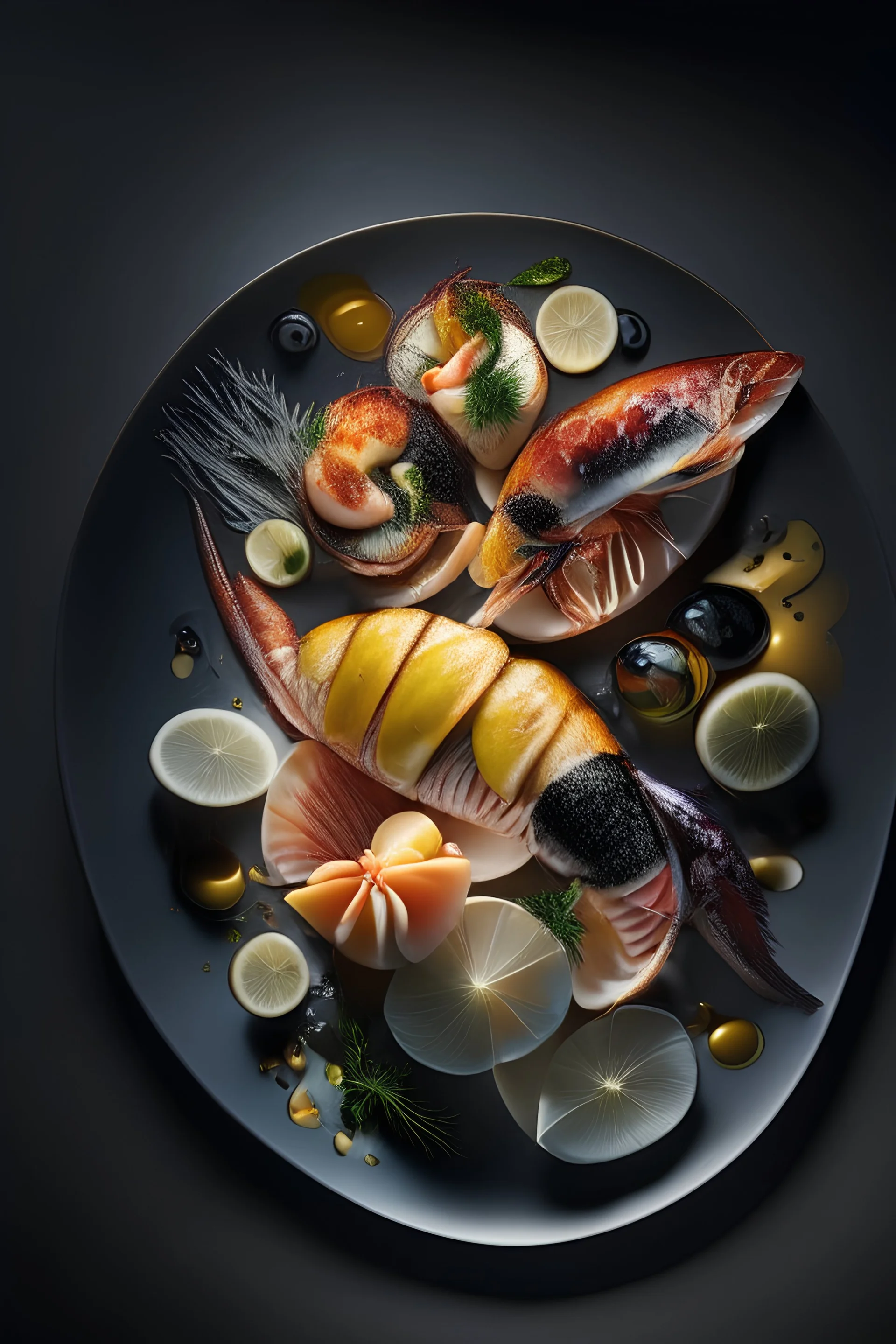 A plate of delicious seafood, photographed with professional lighting and a realistic shape