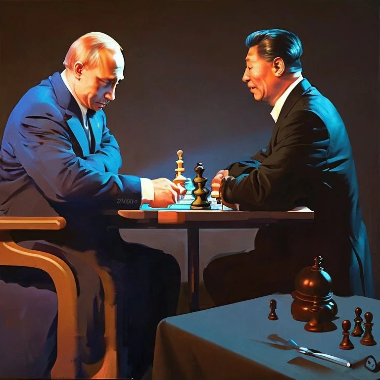 Putin, President Xi Of China And Joe Biden Play Chess between lights and shadow With A Pigeon,And Atomic Bomb Mushroom Cloud,Complex Surgical Instruments Intermixed With A Newborn Boy,Minimalism,Painting By Adrian Ghenie,Rene Magritte,Pablo Picasso,Michelangelo,Salvador Dali,Lucian Freud