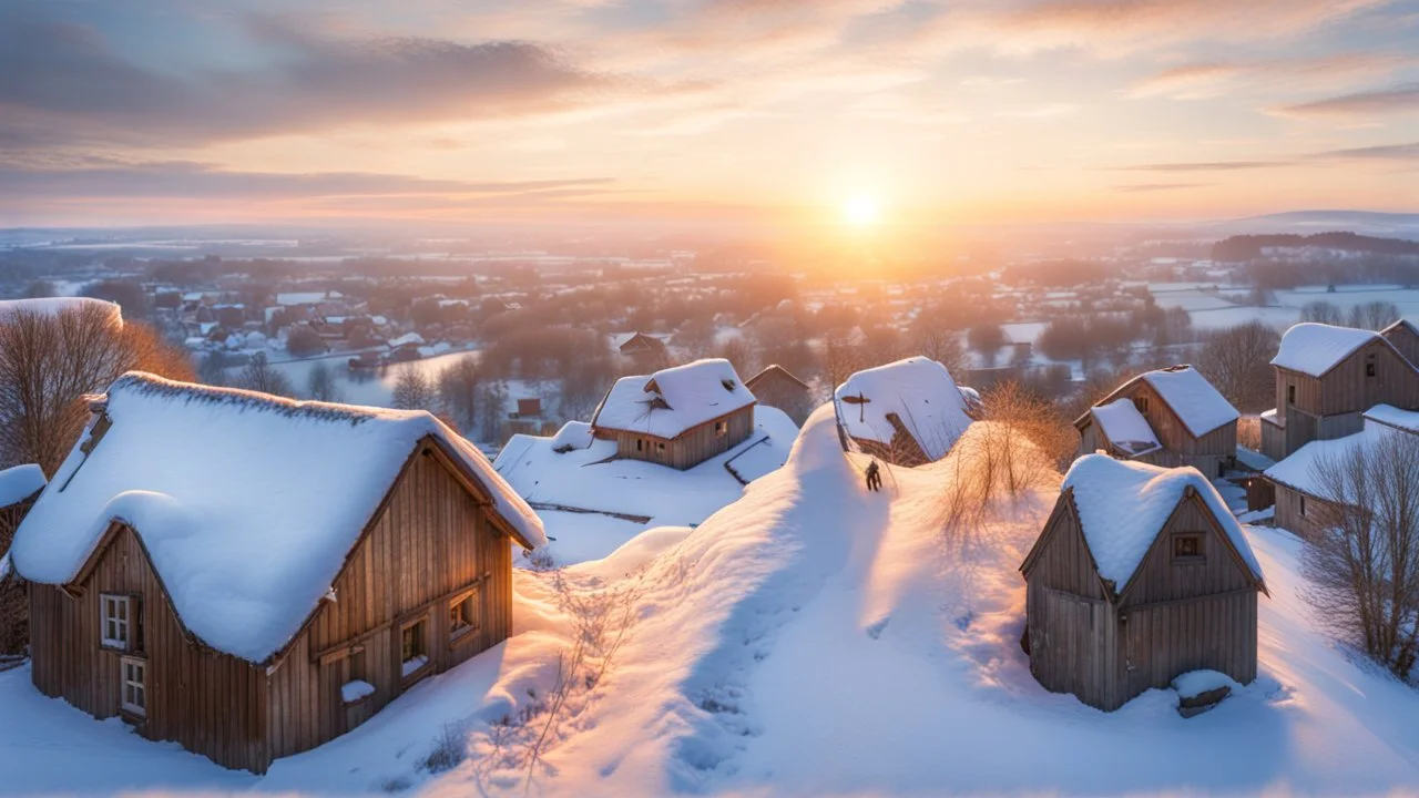 angel's view shows the camera barn owl's back flying over a winter small village, snowy landscape, little light, sunrise, some small Hungarian old country houses from above, perspective, high detailed, sharp focuses, photorealistic, cinematic