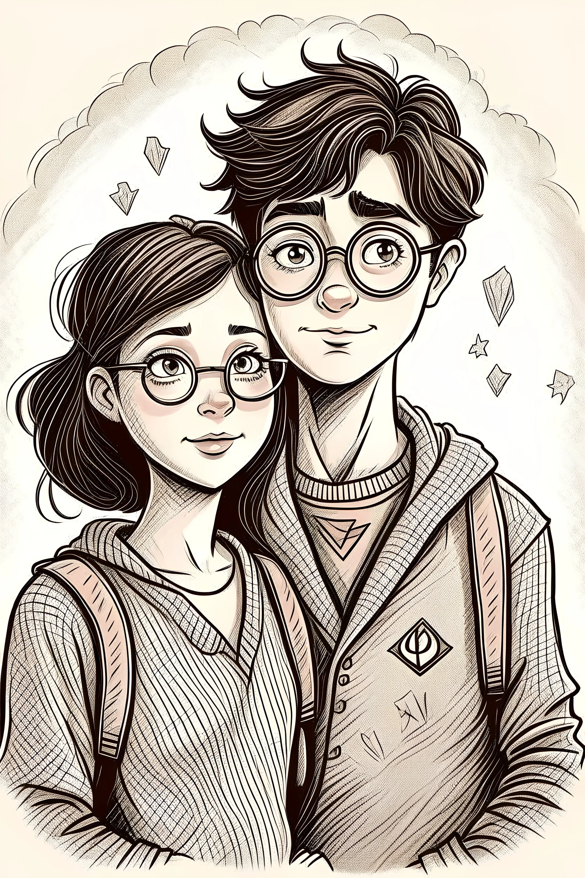 Handdrawn, harry potter style, girl and boy in love