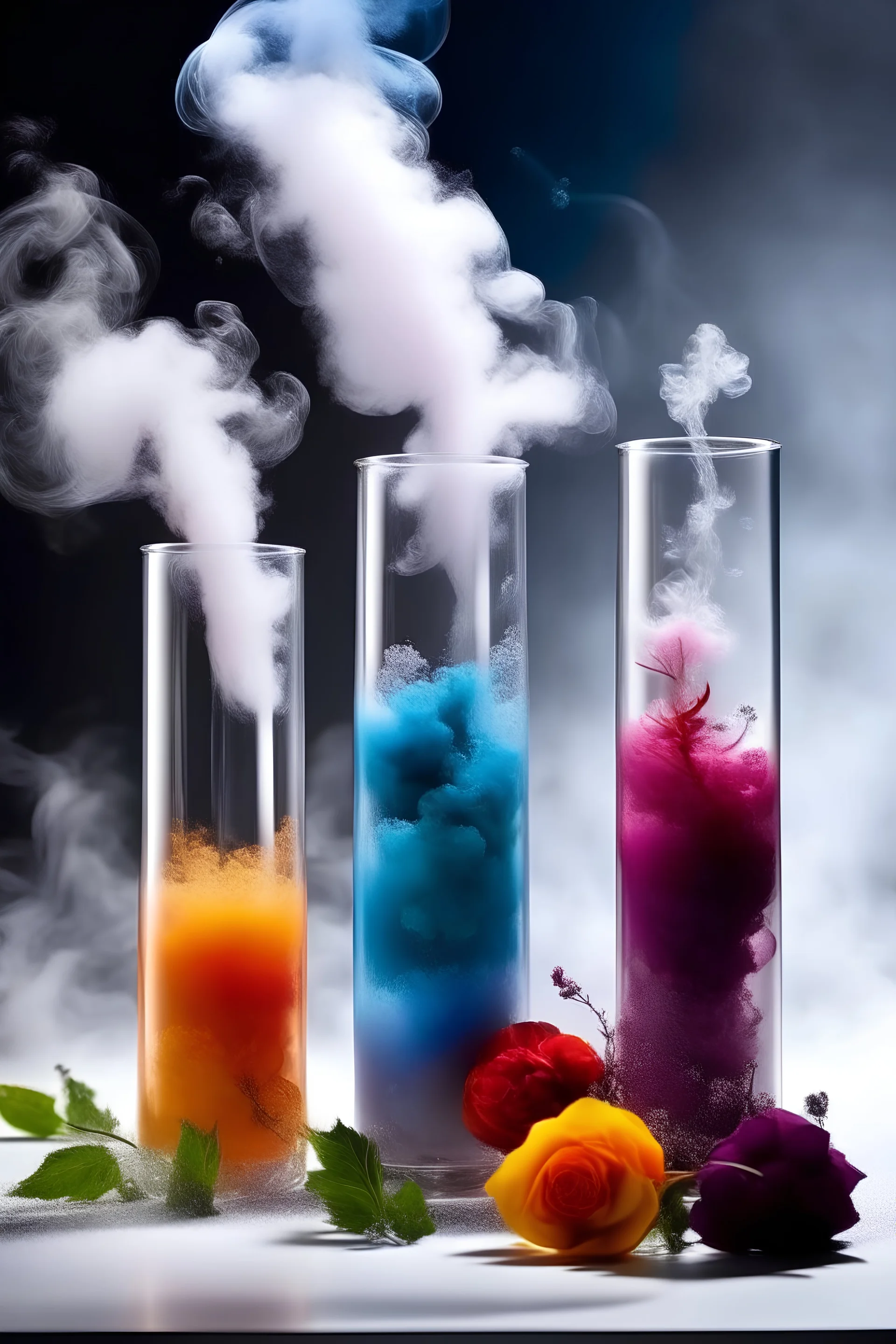 3 glass tubes with colorful steaming liquids, glass, smoke with flowers, watercolor background snow