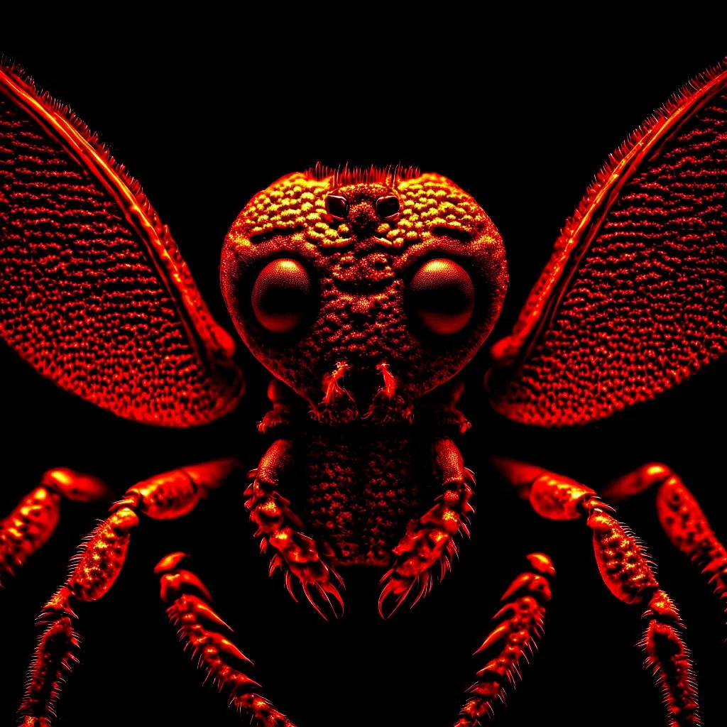 A national geographic award skin color patterned like a poisinous incect or reptile, horrorcore, science gone crazy, winning photograph of of a bat spider housefly hybrid in nature and on the hunt, 64k, reds, oranges, and yellows anatomically correct, 3d, organic surrealism, dystopian, photorealisitc, realtime, symmetrical, clean, 4 small compound eyes around two larger compound eyes, surrealism telephoto dynamic lighting 64 megapixels Unreal Engine volumetric lighting VRay