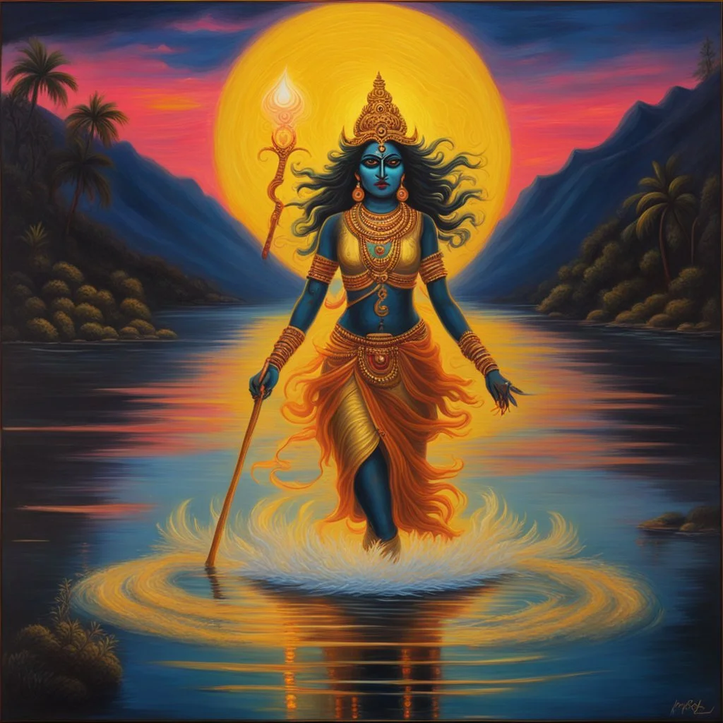 An oil painting of goddess Kali crossing a lake, neon gold colors