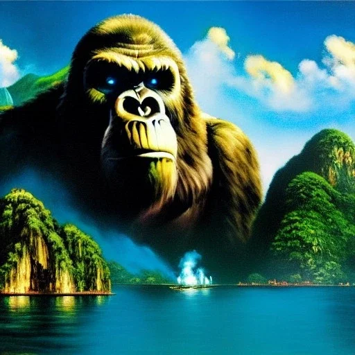 Drawing of 'King Kong on Skull island', painting by Earl Norem, simon Bisley,frazetta,西嘛哒, evan lee, Vallejo,kelly oil on canvas, cinematic composition, extreme detail,fit full head inside picture,8k