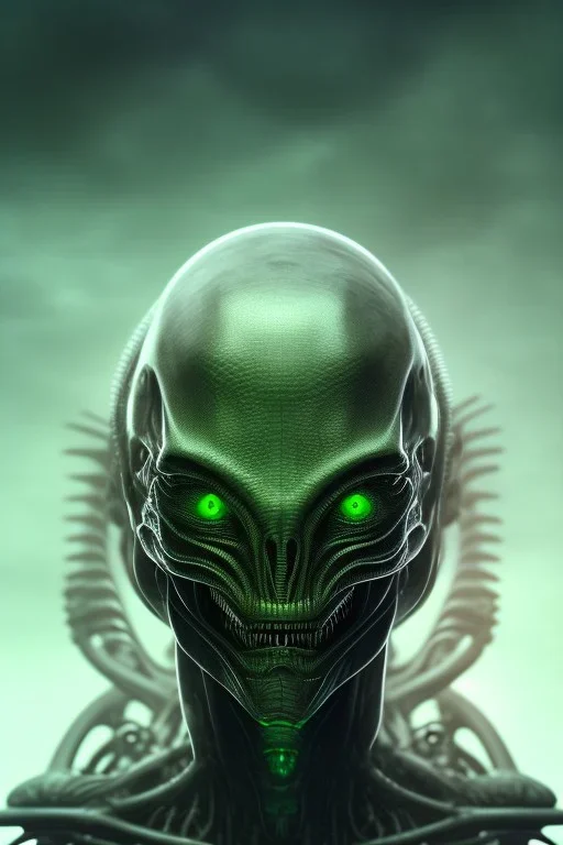 alien, head, evil,green eyes, weapons, blood, 8k, finely detailed, photo realistic, HR Giger style