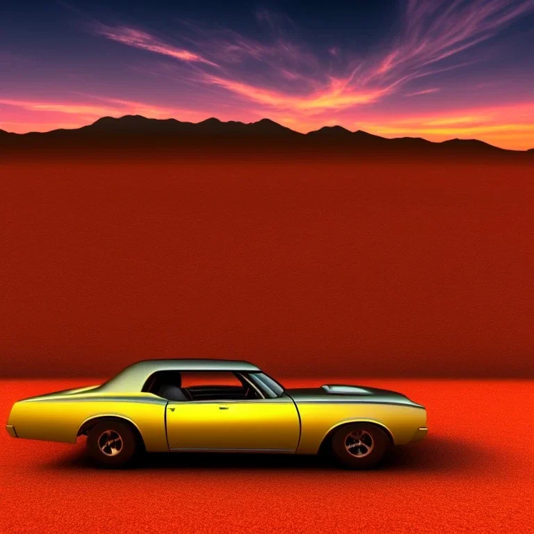 Muscle car, desert road, sunset, full colour, hd, 3d, art deco style