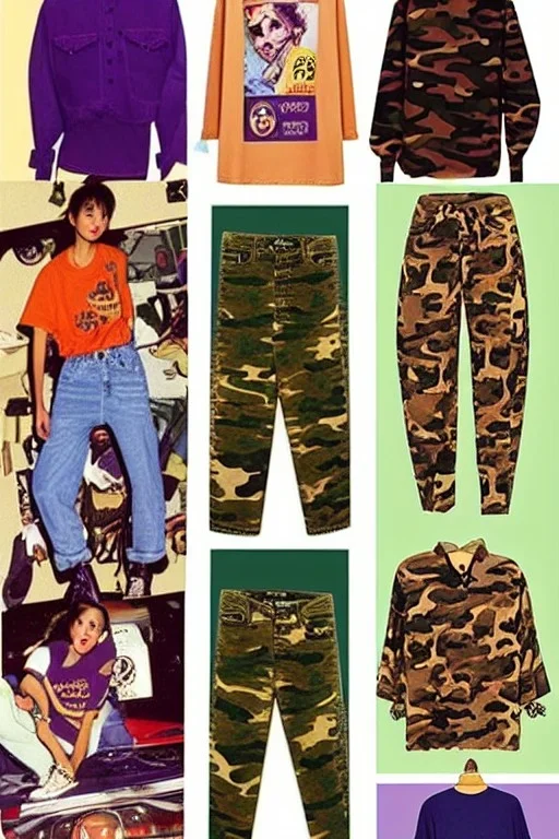 year 1996 denim fashion. Loose fit, "combat pants" with low waist, baggy, Combat pants and t-shirt. Colors: denim blue, blue, purple, khaki, light green, lilac, plum, orange, terracotta, red, pink, dark blue, beige. Women models. Patterns: Something between camouflage and cheetah prints, stripes.Something between camouflage and cheetah prints.Jennifer Lopez, Gwyneth Paltrow, . Big tennis shoes on. Cargo pants. leg warmer