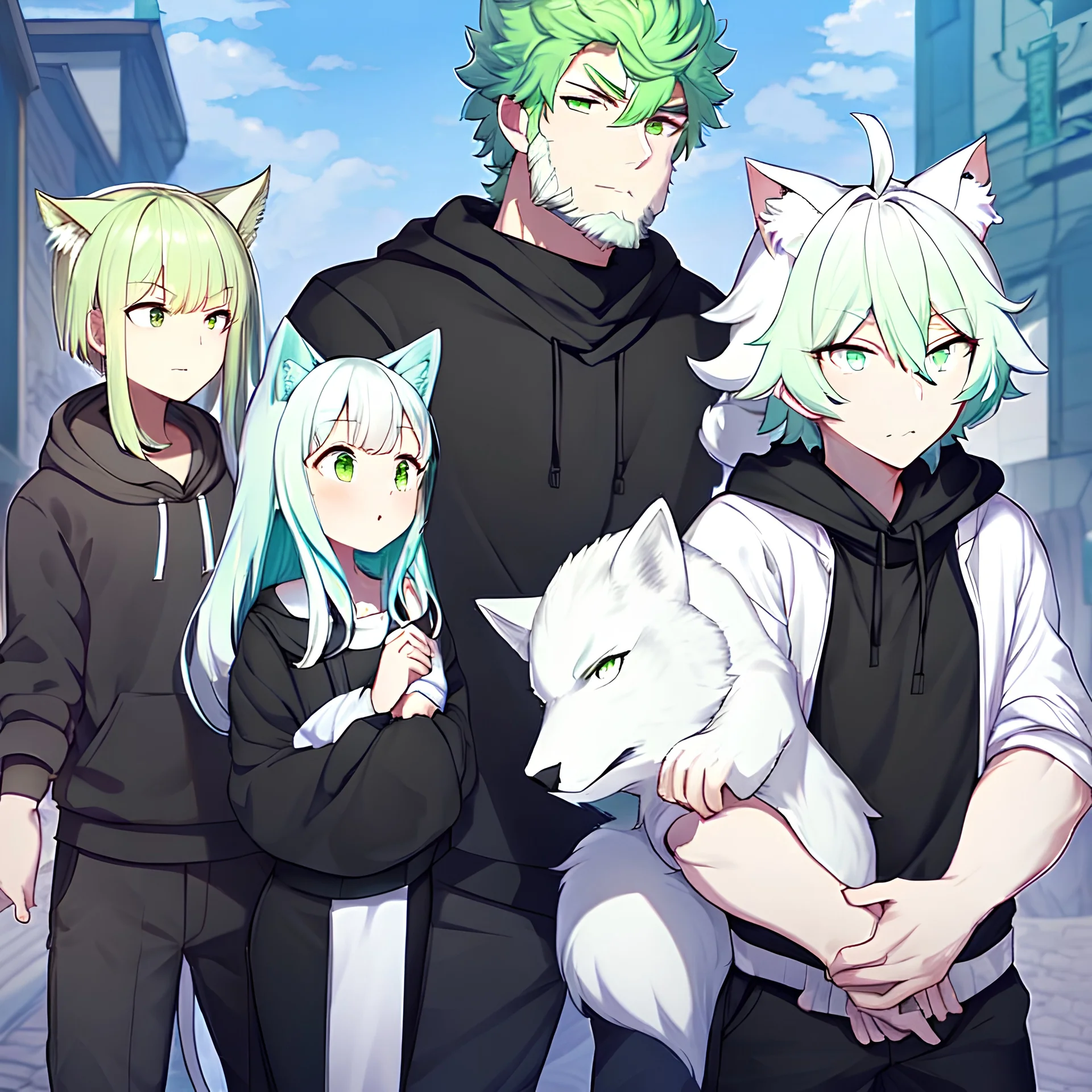 In anime, an anthropomorphic male character with white fur, white-and-green-haired, white-skinned, green-eyed, wolf ears, whiskers, a black hoodie, and black pants, is on the street in the massive capital.