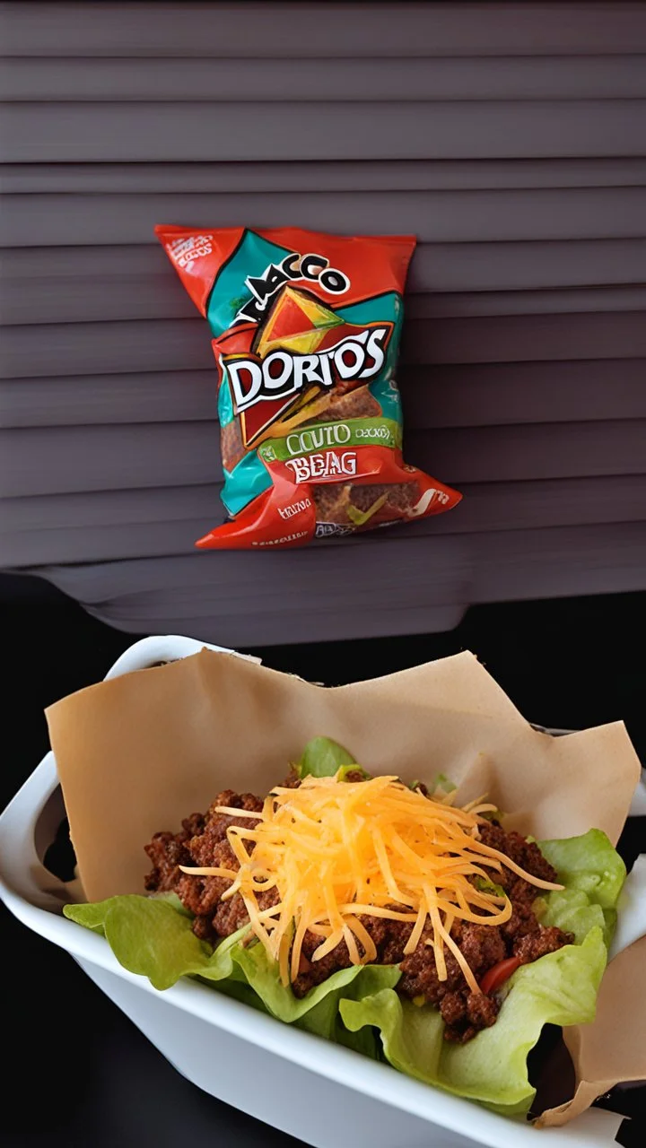 "Taco in a Bag" which consists of an open Doritos chip bag containing Doritos chips and cooked ground beef and lettuce and shredded cheese and tomato pepper and onions and more nacho chips, food blogger photography