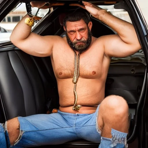 full body shot photography of an Italian sicilian taxi driver burly ugly sitting in the taxi, chubby tired 45 years old driving shirtless, bullneck, thin gold chains, short beard, sweat, short hair, bulge, robust, manly chest, looking down, big shoulders,, photorealistic, side light, ambient occlusion, tired eyes. 35mm lens, internal view inside the Taxi