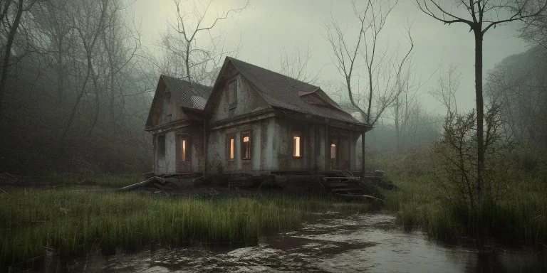 house abandoned inner between moutain, long exposure photography, swamp, water, glass, fog, highly realistic, highly detailed, intricate, 8k