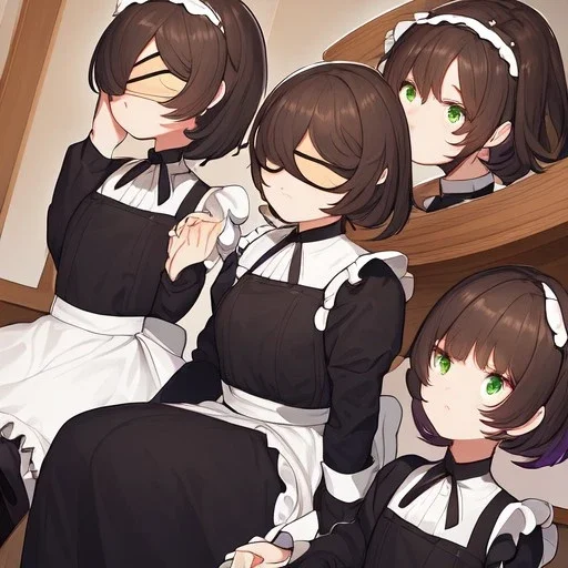 Clear focus, High resolution, short dark brown fluffy hair, green eyes, wearing a maid outfit, sitting down, in a house, cartoon eyes, cute, cartoony style, flat shading, hair covering eyes