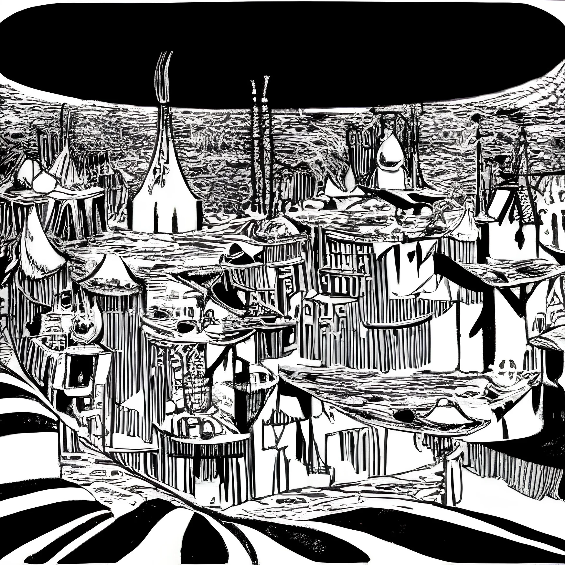 Village in the cosmos in Winsor McCay style and dr seuss style