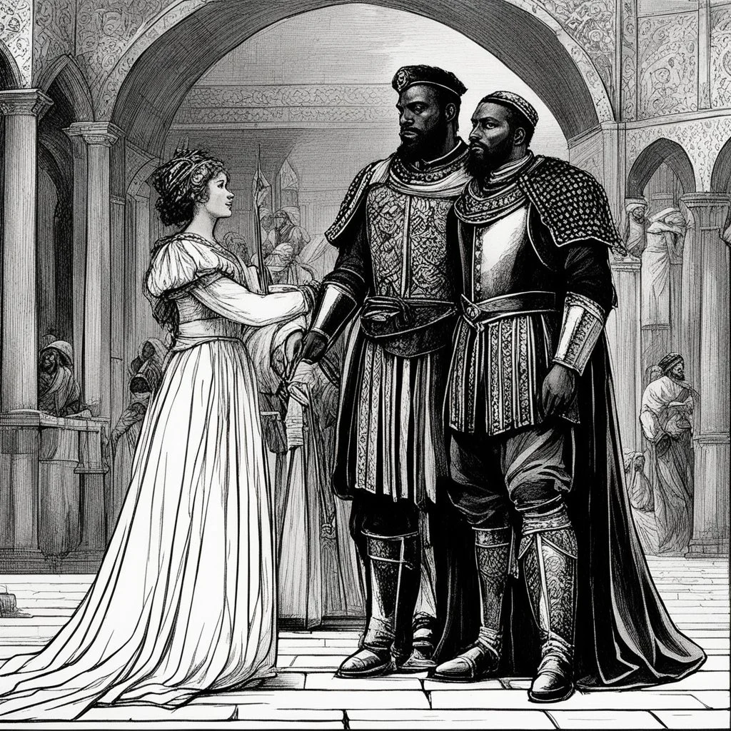 image: The Tragedy of Othello, the Moor of Venice, is a tragedy written by William Shakespeare. Set in Venice and Cyprus, the play depicts the Moorish military commander Othello as he is manipulated by his ensign, Iago, into suspecting his wife Desdemona of infidelity Record of Lodoss War style, Linework: Expressive, expressive black ink line art with variable stroke weights. Crisp contours define silhouettes while fine hatching adds subtle depth and form.