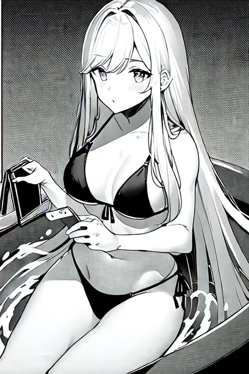 bikini long hair girl in termal pool, greyscale, screen tones