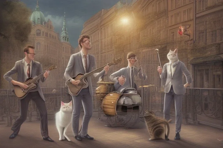 Group of three mature cats musicians, one cat playing guitar, one cat playing drums, one cat holding microphone and singing, street, Vienna, smiling, sunny day, model style, hyper realistic, extremely accurate, delicate, extremely detailed, Graphic novel style, wide-angle, open aperture, superfine pencil