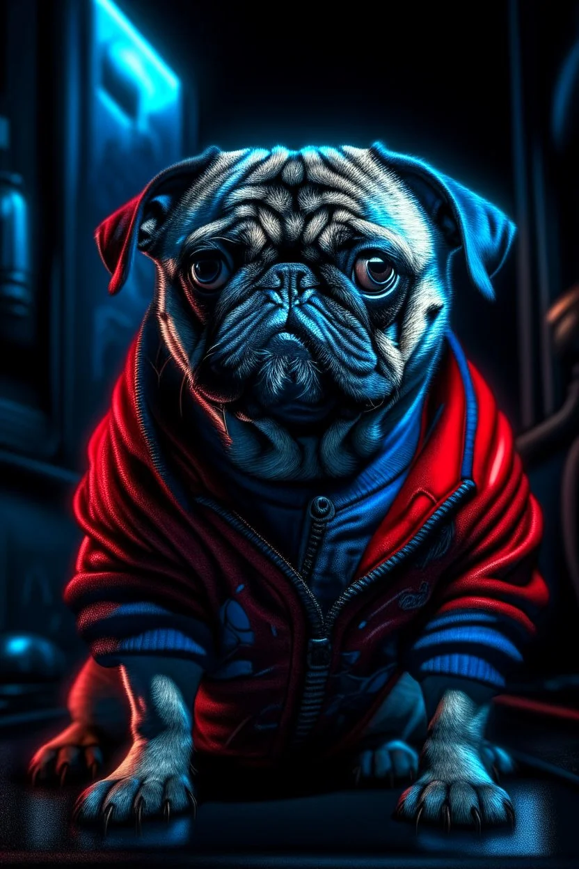 pug in a mega cool iron super blue + Red suit with on his arms and shoulders, hdr, (intricate details, hyperdetailed:1.16), piercing look, cinematic, intense, cinematic composition, cinematic lighting, color grading, focused, (dark background:1.1)