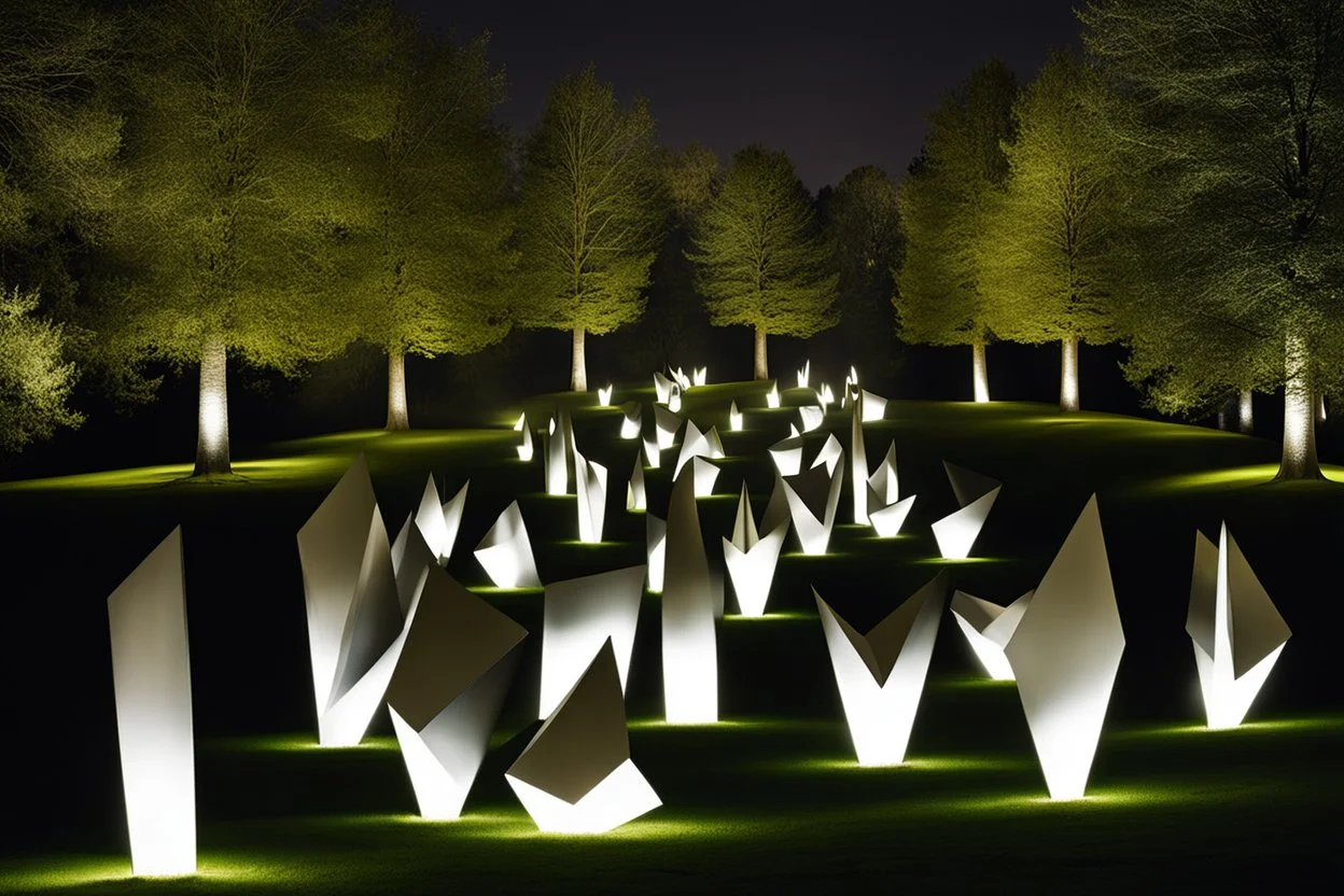 a surreal glittering sculpture garden at night by sculptor "Lygia Pape",by artist "Lygia Clark"