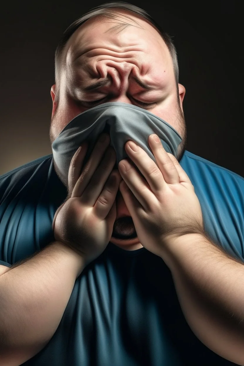 Fat man crying with a mask on
