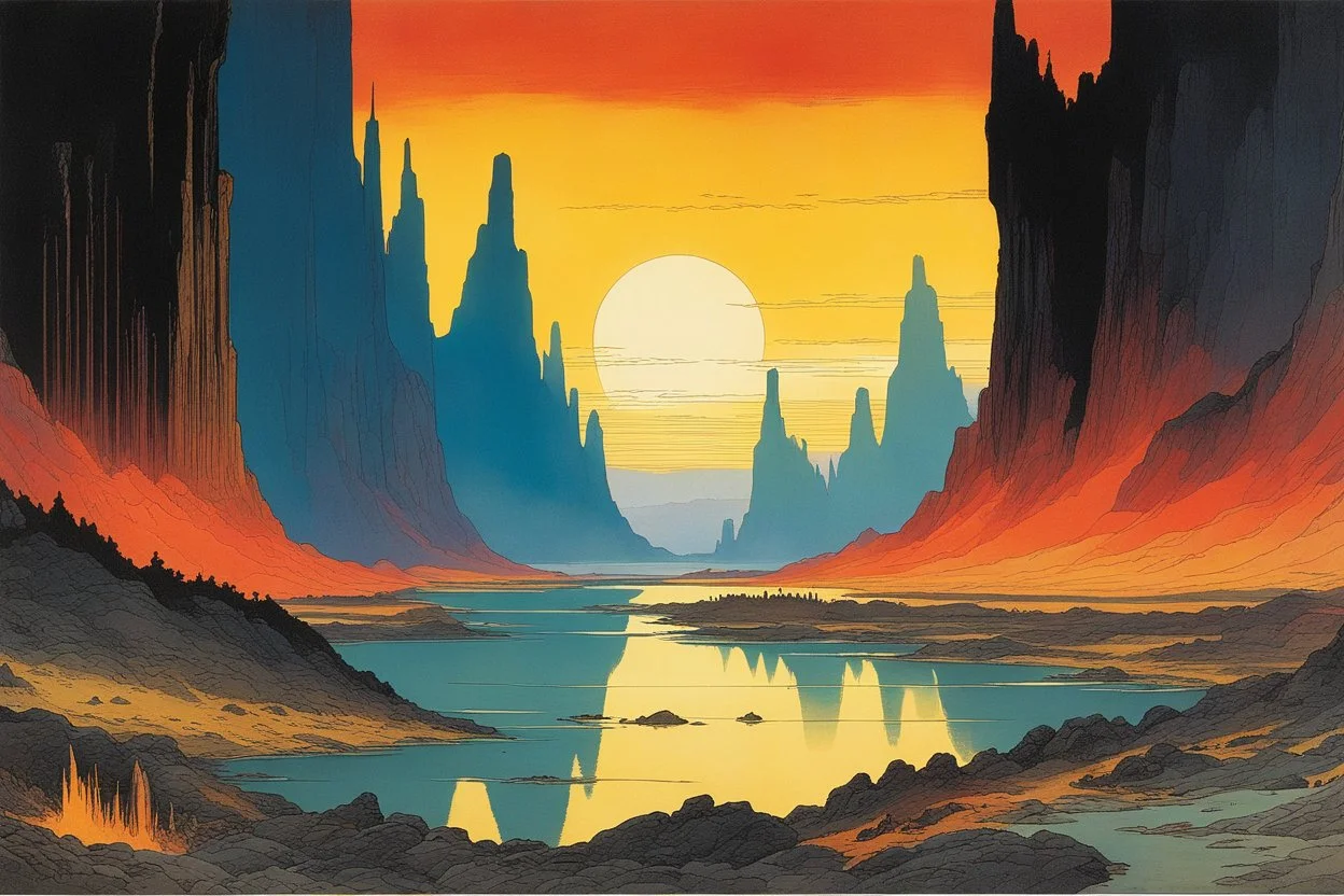 [art by W. Heath Robinson] A dramatic alien landscape on the planet Gor, featuring towering cliffs, a river of molten gold, and a sunset casting vibrant colors across the sky, with shadowy figures in the foreground