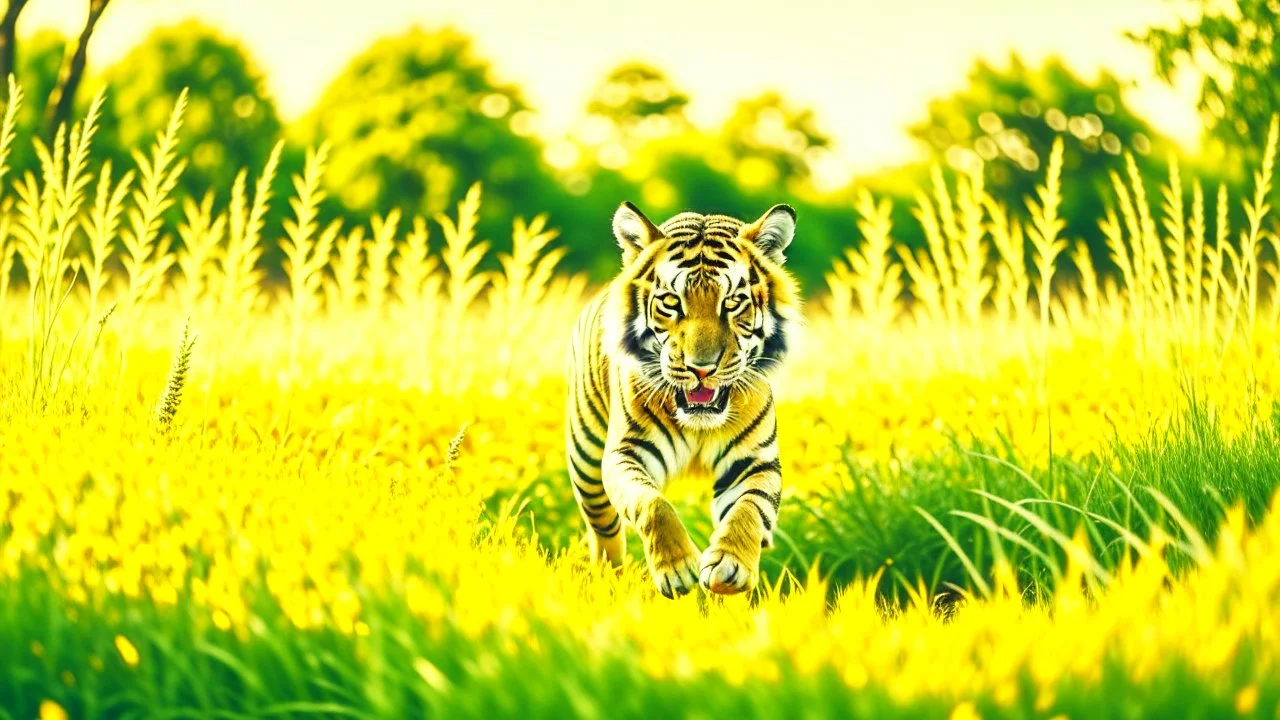 ((cheerful tiger, running, grassy field), sunny, bright, (golden hour lighting), soft focus, vibrant colors), polaroid, photograph, professional photograph, (high resolution, cinematic composition, telephoto lens)