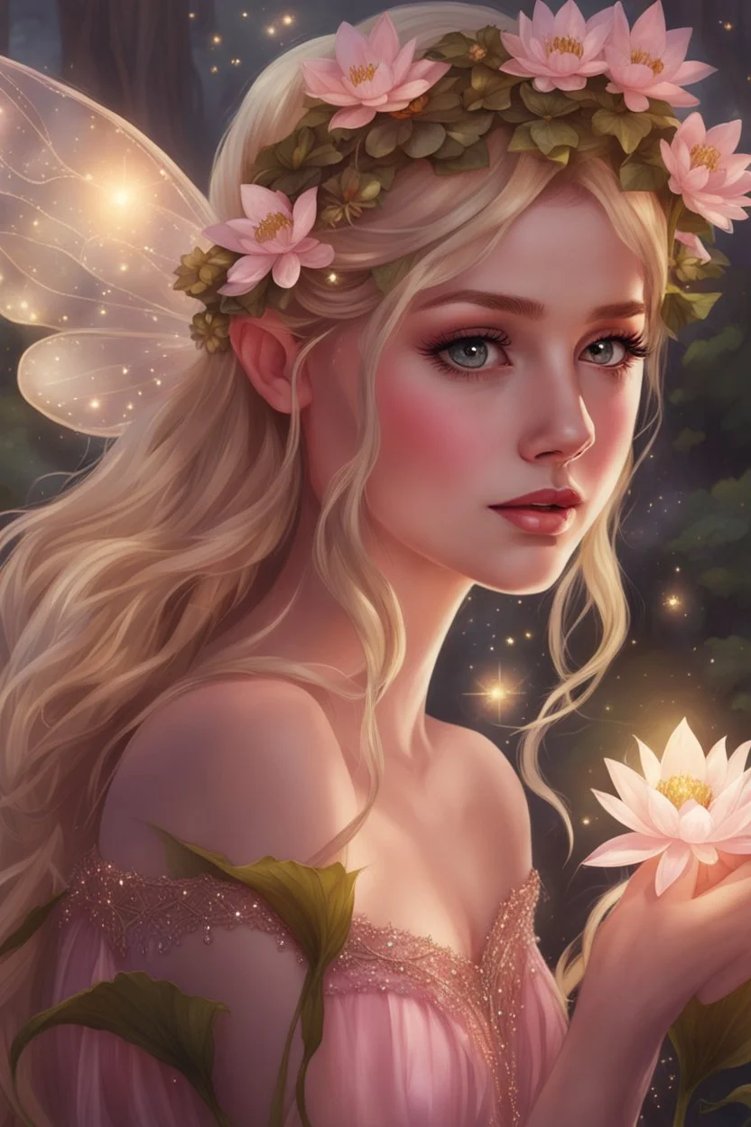 Blonde hair ,Pink dress,Sparkling fairy wings,Very long golden hair,Fairy crown,pointed ears,elven ears,fairy wings,water lilies,sparkling,glittering,flowers,blossoms,golden crown,light pink dress