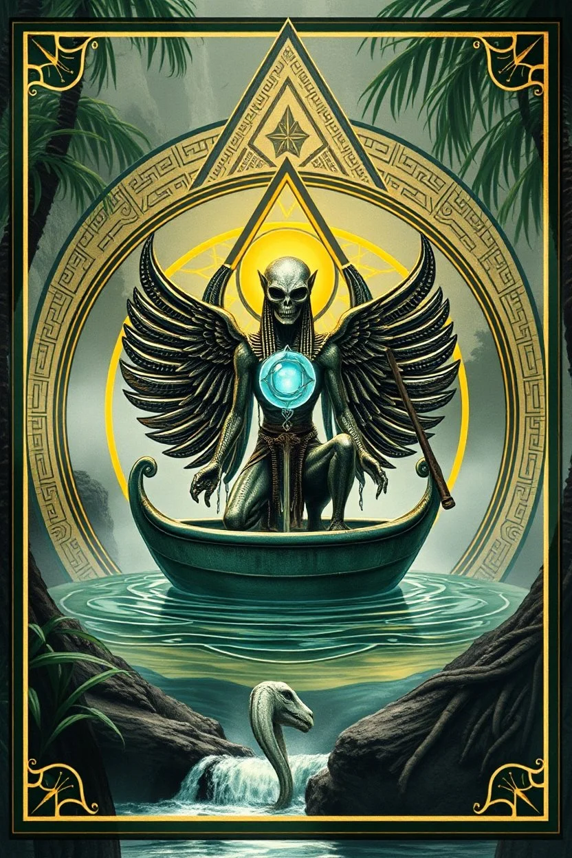 egyptian sacred geometry framed action figure card of a crucified alien necrophyte electric eel necromancer on round swamp transparent glass obcidian boat beholder eye wheel throne in a charged foggy jungle waterfall, with withered filmgrain