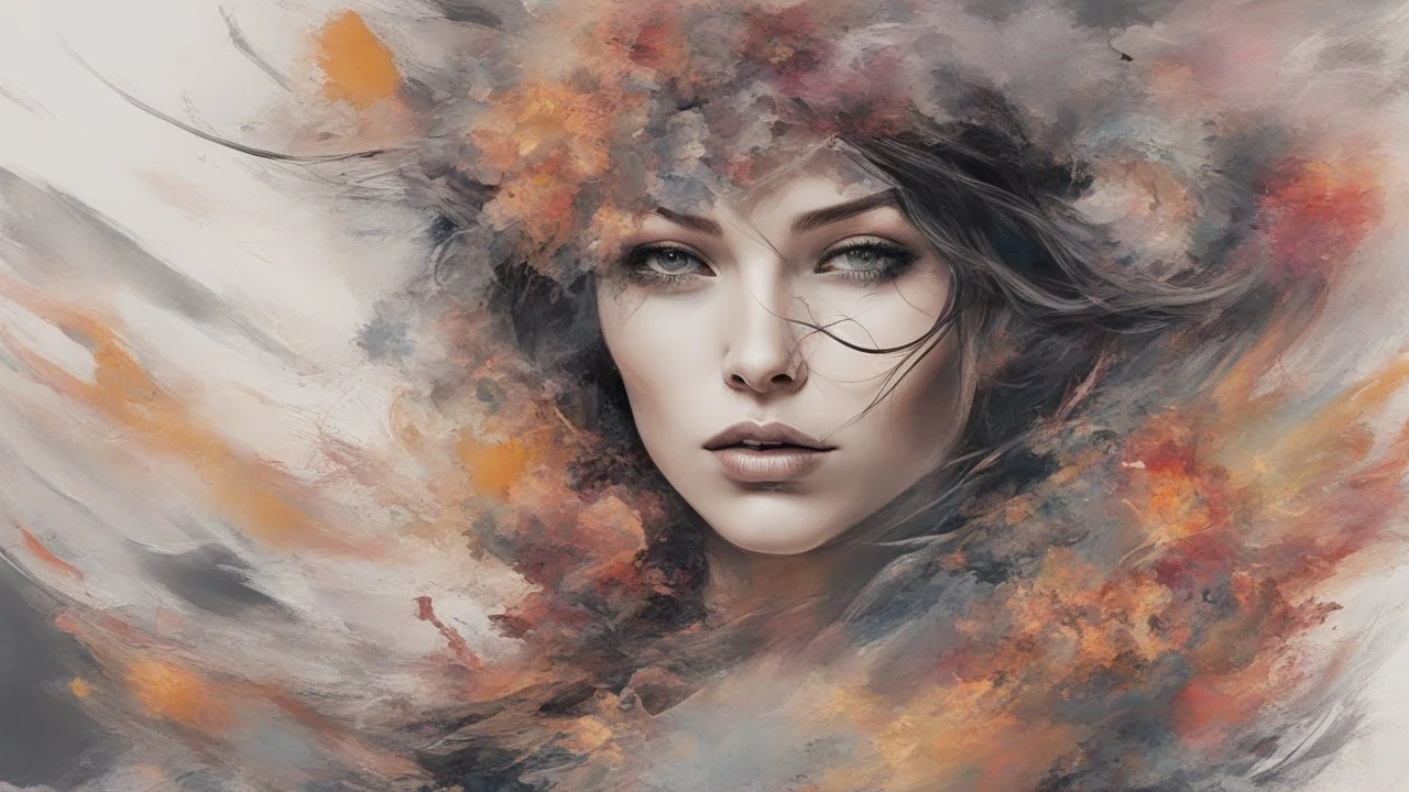 Generate a captivating digital artwork where a vivid explosion of images on a canvas bursts forth, weaving together elements of a woman, demons, tattoos, flowers, and stormy hues. Capture the essence of dynamic creativity in this abstract masterpiece."