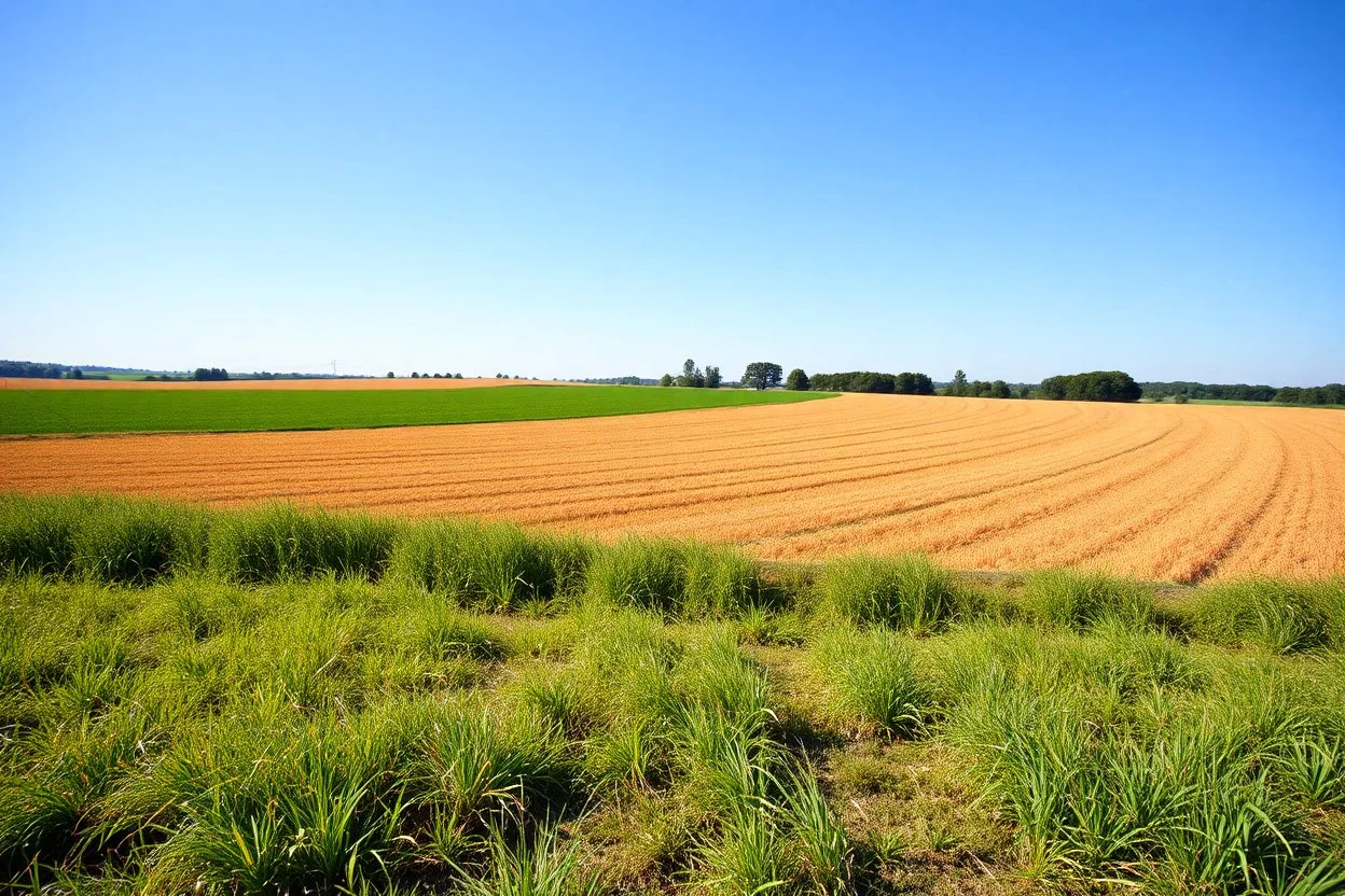 clearing next to an ideal farm field, sunny day, product photo setting, mid-level horizon, taken from 15 feet up