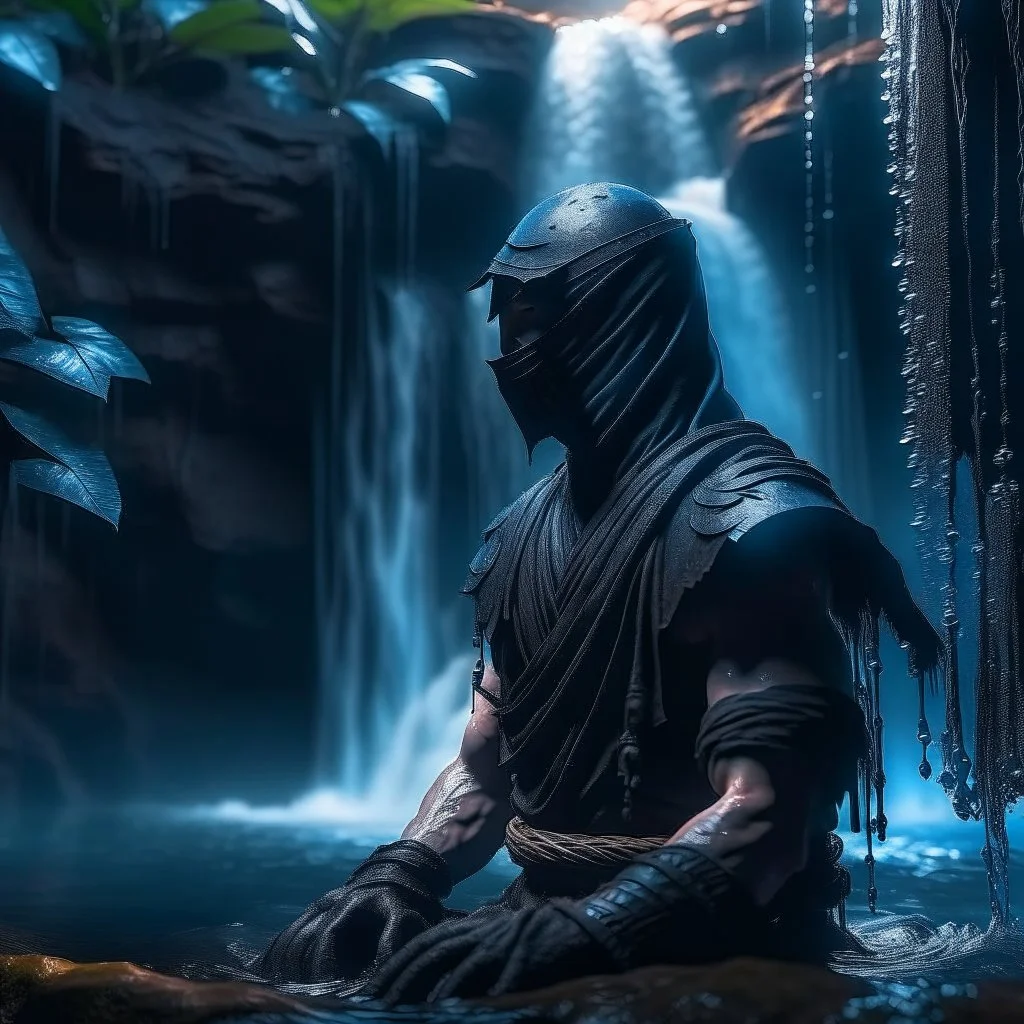 the last ninja in a bathing under waterfall, 8k, down-light, soft light, depth of field, photo realism, trending on art station, high detail