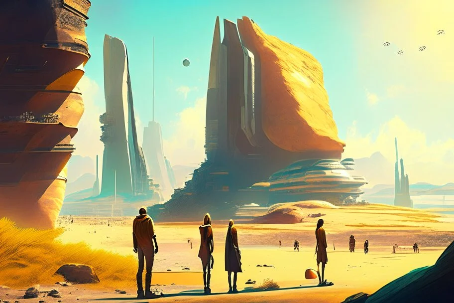 Sunny day, people near the, rocks seeing a distant modern city, sci-fi